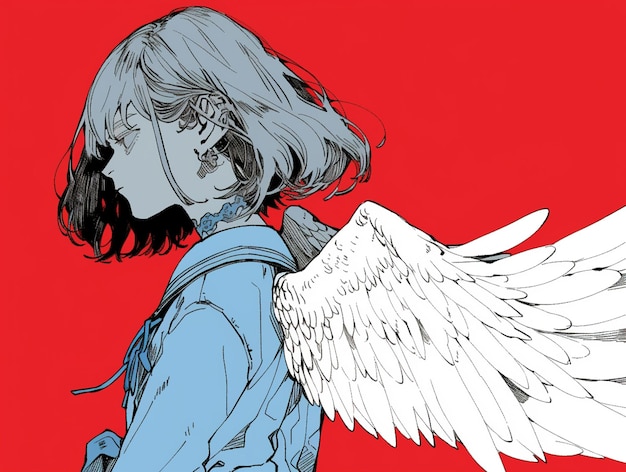 Photo anime girl with white wings on red background generative ai