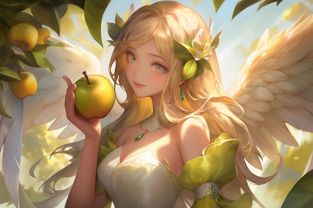 Аниме девушка с крыльями, держащая яблоко перед деревом