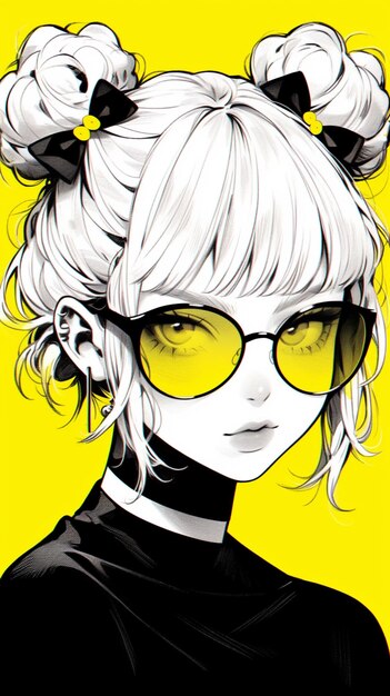 Photo anime girl with yellow glasses and a black top generative ai