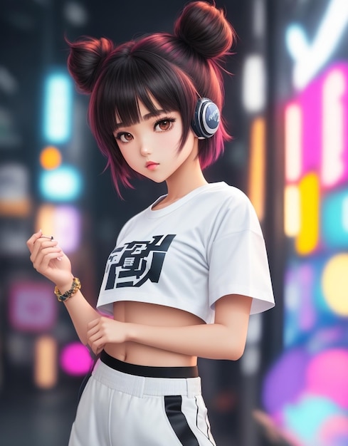 anime girl Y2k hearing music on headphone 09