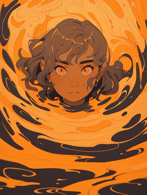 Photo anime girl in a yellow and black swirly background generative ai