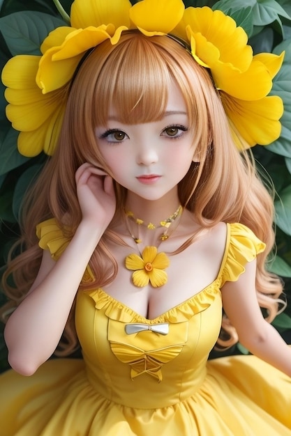 Anime girl in a yellow dress with a flower