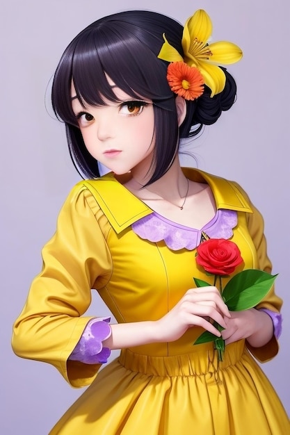 Anime girl in a yellow dress with a flower