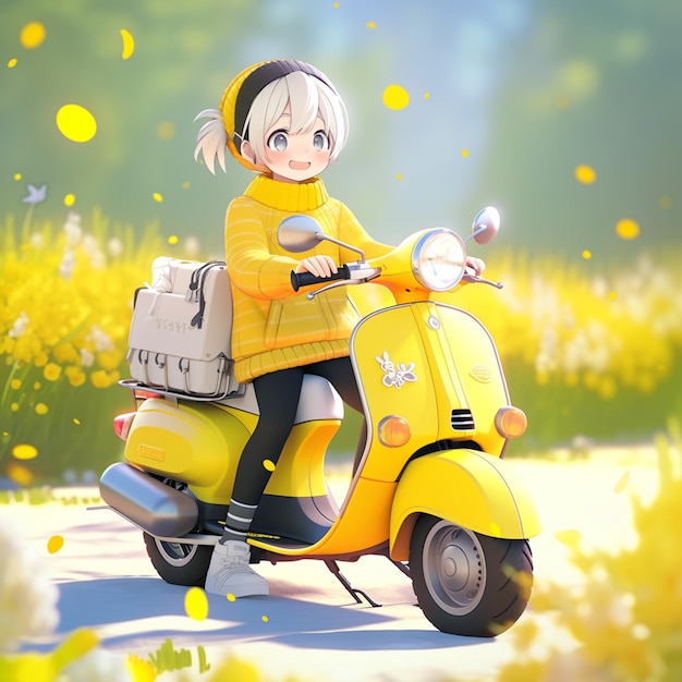 Anime girl on a yellow scooter with a yellow jacket and a yellow hat generative ai