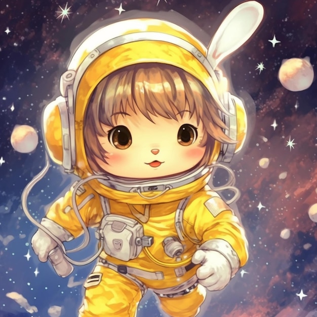 anime girl in yellow space suit with bunny ears and a white rabbit ear generative ai