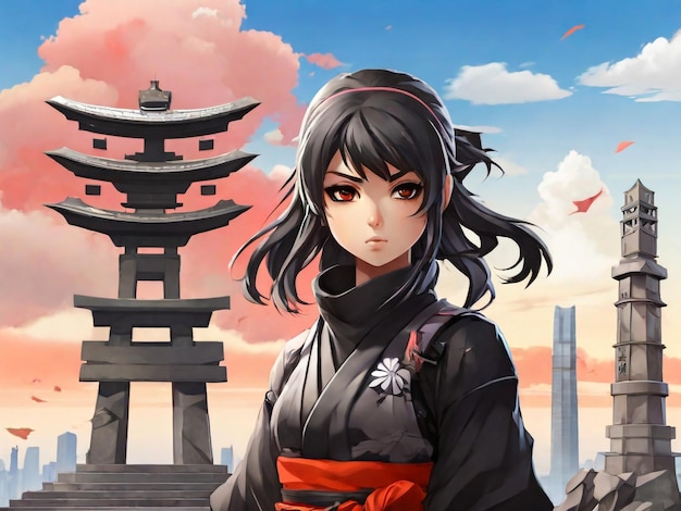 Аниме девушка молодая девушка ниндзя на фоне памятника Японии