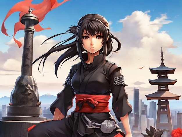 Anime girl young ninja girl on japan monument background