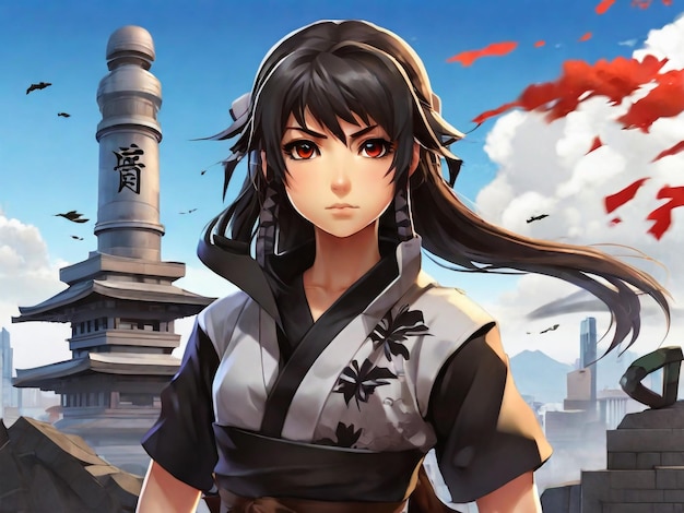 Anime girl young ninja girl on japan monument background