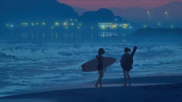 Anime girls beach surfboard sea scenery sunset