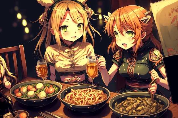 음식과 함께 테이블에서 마시는 애니메이션 소녀들