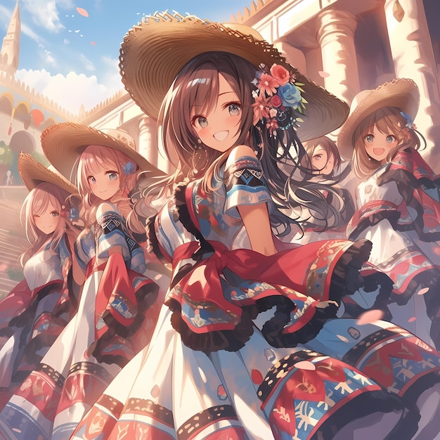 Anime girls in mexican folk dresses dancing and smiling in a plaza