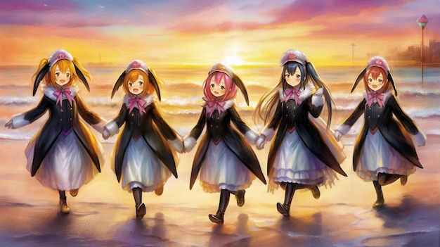 Anime girls in penguin costumes running along the seashore generated by AI