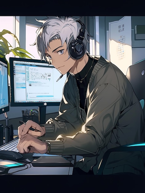 Premium Photo | Anime guy sitting at a desk with a computer and headphones  generative ai
