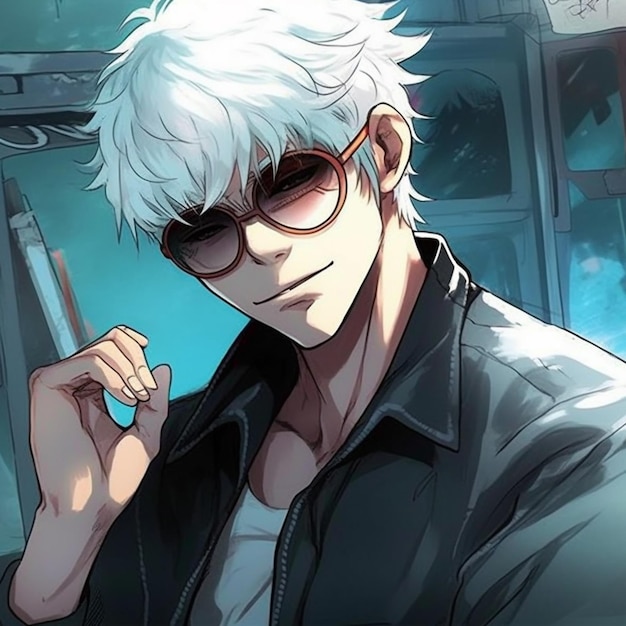 Anime guy with white hair and glasses smoking a cigarette ai generative