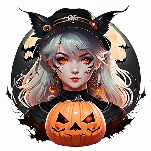 Anime halloween girl and pumpkin night