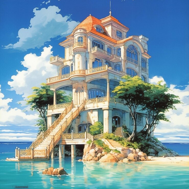 Photo anime house on a small island with stairs leading to the upper level generative ai
