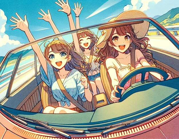 Anime illustratie gelukkige jonge vriendinnen rijden met opgeheven handen
