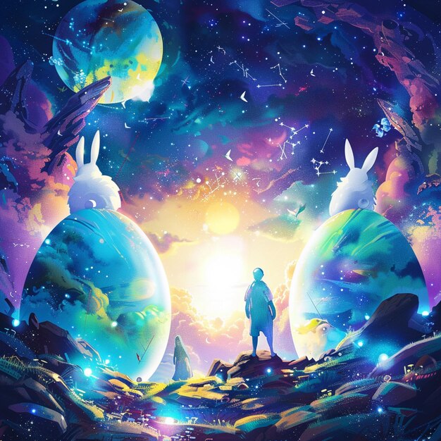 anime illustration of a man standing in a cave with a view of the planets generative ai