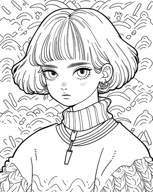 anime illustration of manga adult coloring book page black and white