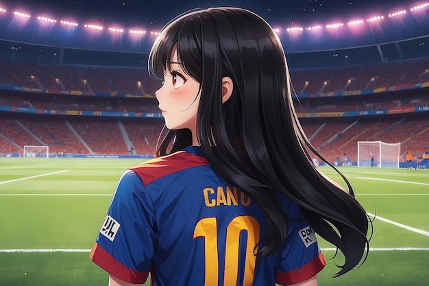 Photo anime illustration young girl in fc barca jersey watching soccer match
