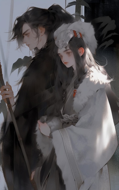 Фото Аниме изображение мужчины и женщины, одетых в традиционную японскую одежду