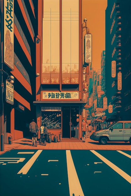 Anime Japan City retro halftone anime en manga illustratie