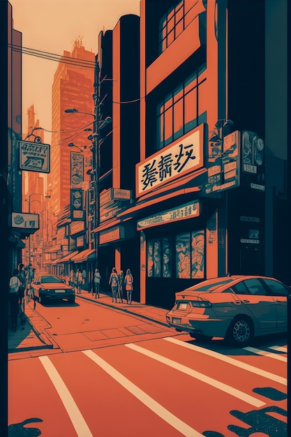 Anime Japan City retro halftone anime and manga illustration