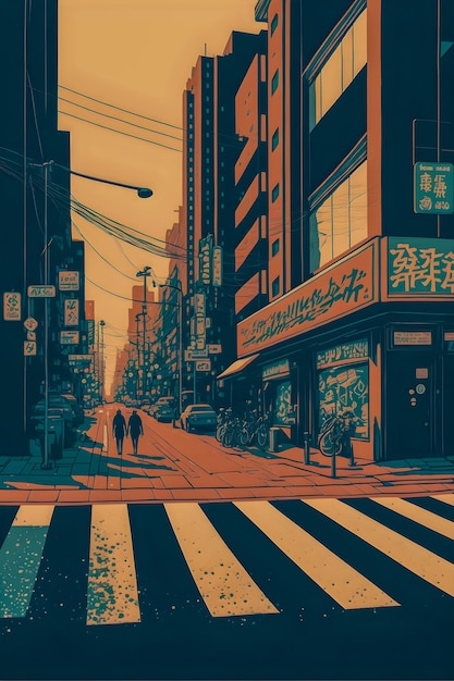 Anime Japan City retro halftone anime and manga illustration