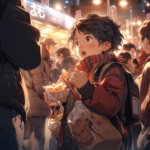 anime jongen eet eten in drukke stadsstraat's nachts generatieve ai