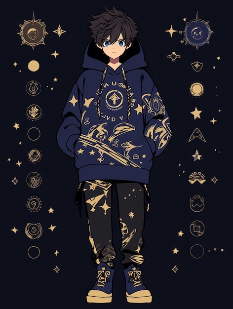Foto anime jongen in een hoodie met veel sterren en planeten generatieve ai