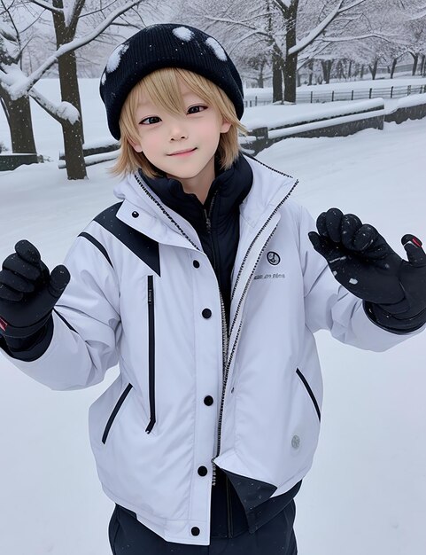 Anime jongen sneeuw en draag jas in het winterseizoen