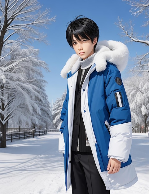 Anime jongen sneeuw en draag jas in het winterseizoen