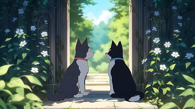 anime kleine kat en hond duo avontuur met apocalyptische stad achtergrond