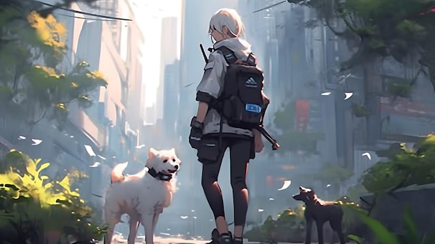 anime kleine kat en hond duo avontuur met apocalyptische stad achtergrond