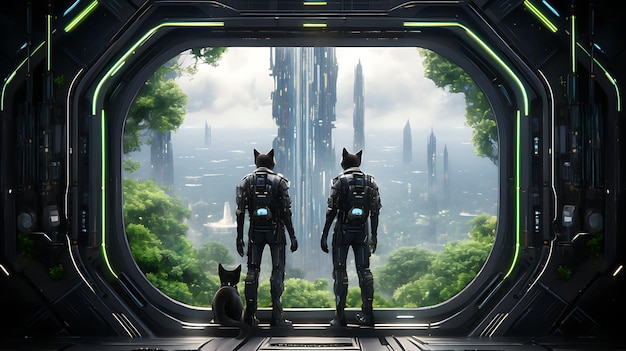 Foto anime kleine kat en hond duo avontuur met apocalyptische stad achtergrond