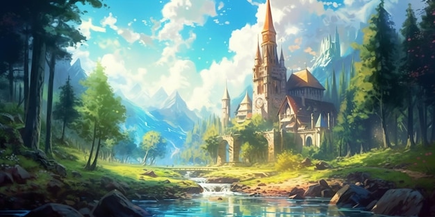 Anime landscape illustration with a small river in the forest and a big tower in the background fantasy