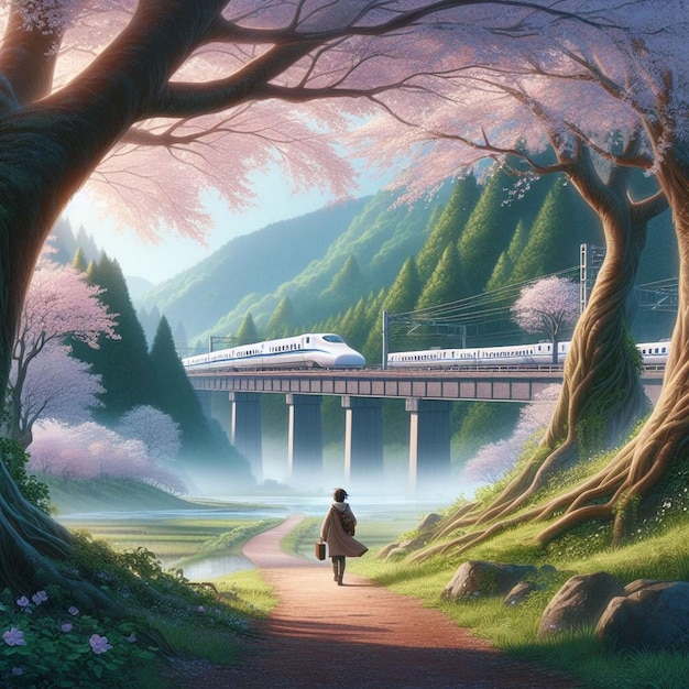 Photo anime landscape of person traveling