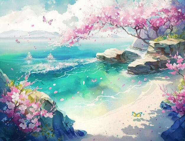 Anime landscape with a beach and a tree with flowers and a butterfly