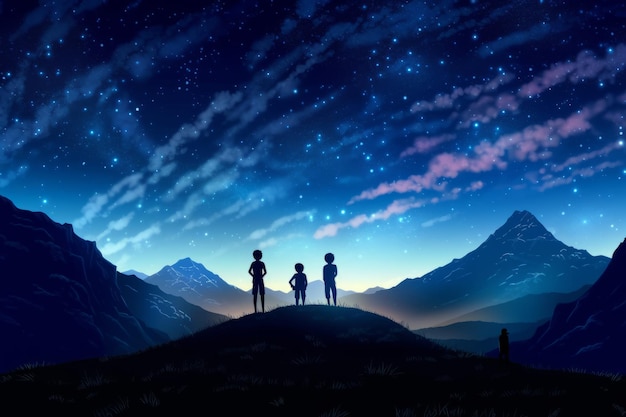 Anime landscape with a boy and a girl standing on a hill