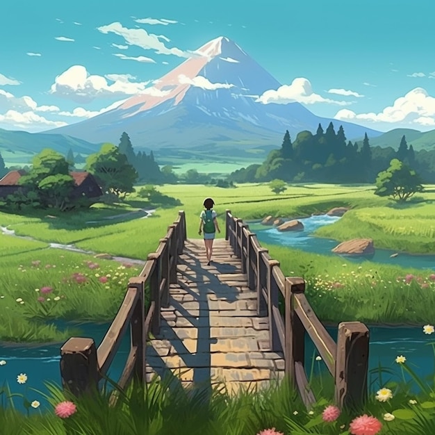 Anime landscape with a bridge and a mountain in the background generative ai