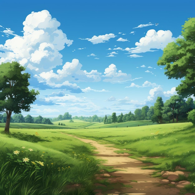 an anime landscape with a dirt road and trees