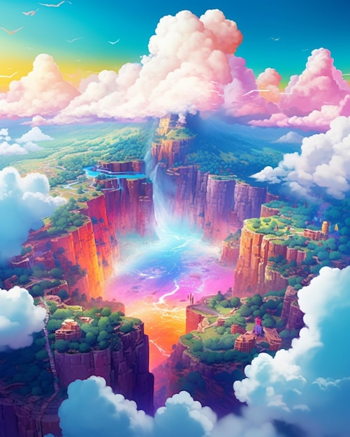 Anime landscape with rainbow and clouds generative ai