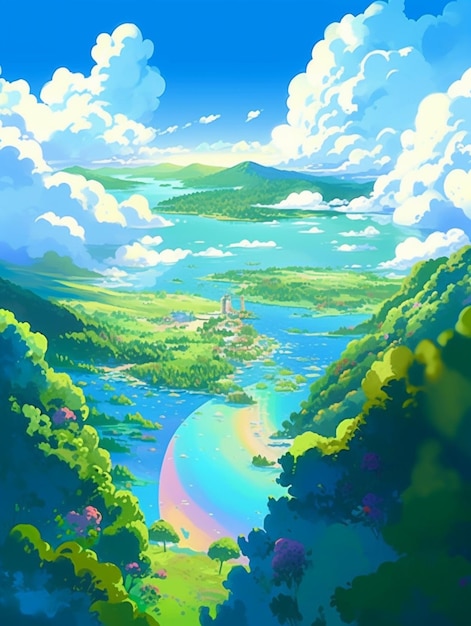 Anime landscape with a rainbow in the middle of the picture generative ai