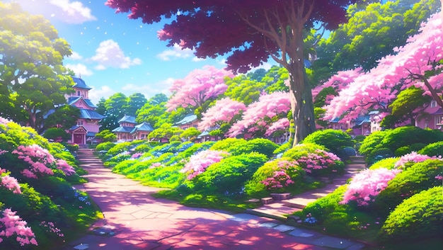 道路と木々のあるアニメの風景