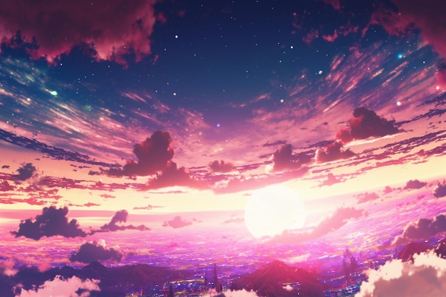 Anime landscape with a sunset and a planet