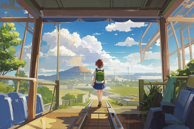 Anime landschap van een reizende persoon