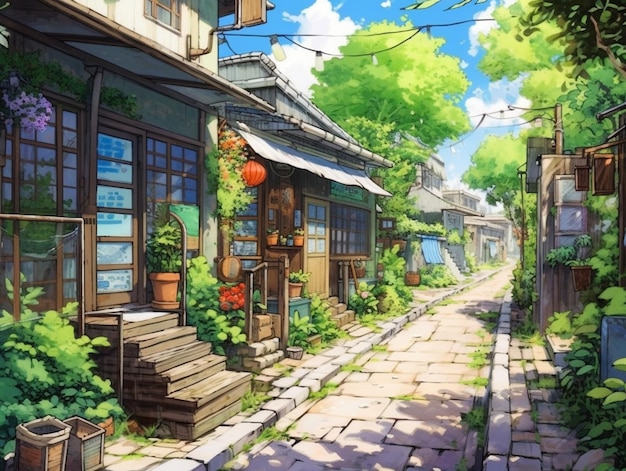 anime landschap van een smalle steeg met een gebouw en een heleboel planten generatieve ai