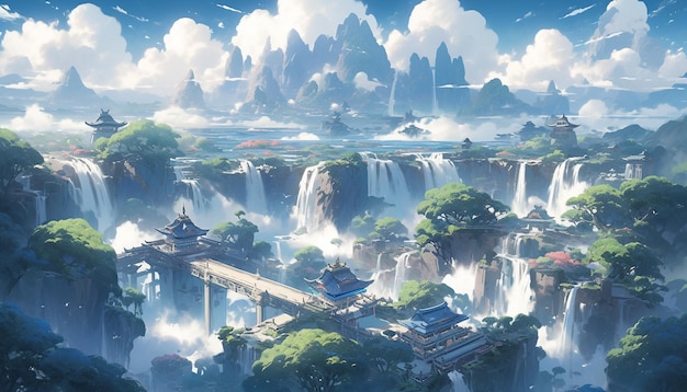 anime-landschap van een waterval met een brug en pagodes generatieve ai