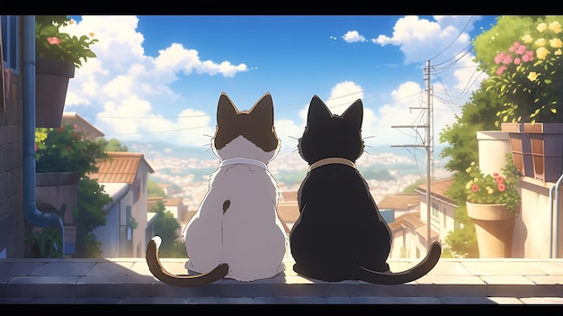 anime little cat and dog duo adventure with apocalyptic city background