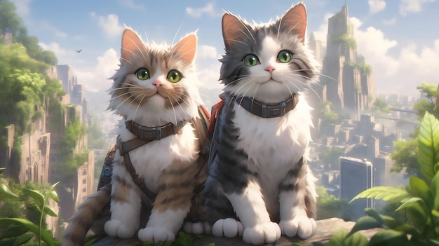 anime little cat and dog duo adventure with apocalyptic city background